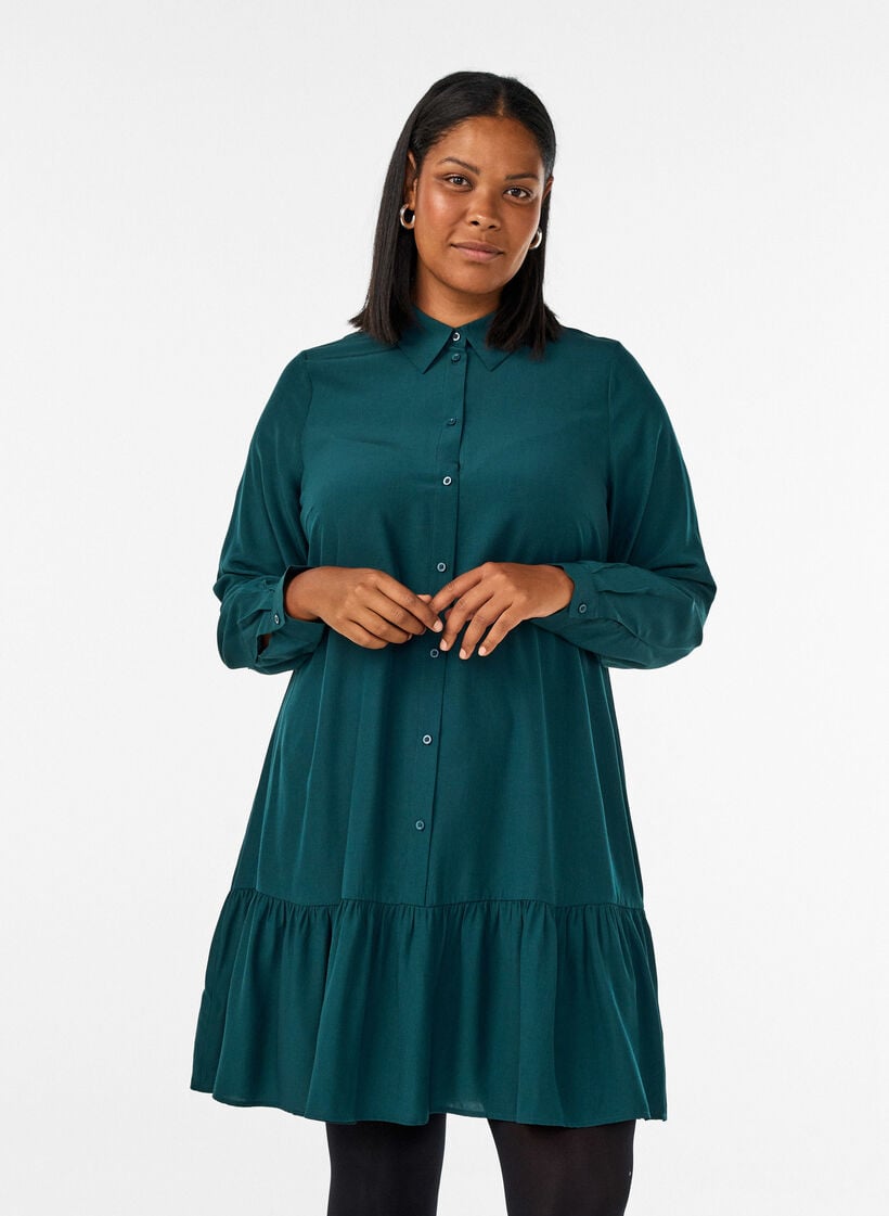 Kort skjortekjole med volanglag, Gr&oslash;nn, Model image number 0
