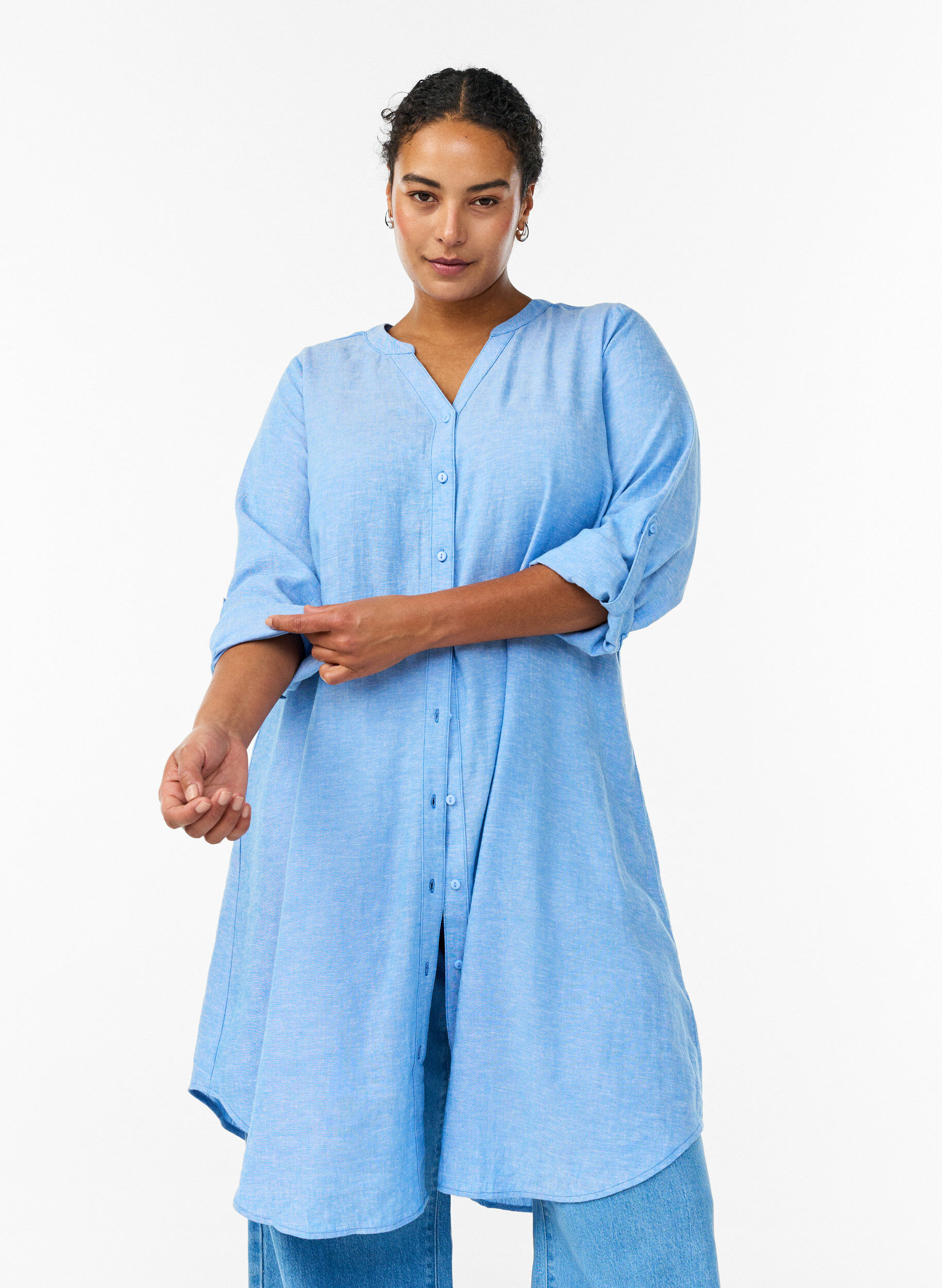 ZizziLang skjorte i lin og viskose, Bl&aring;, Model image number 0