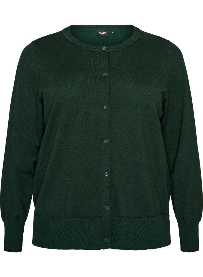 Finstrikket cardigan med rund hals, Gr&oslash;nn, Packshot image number 0