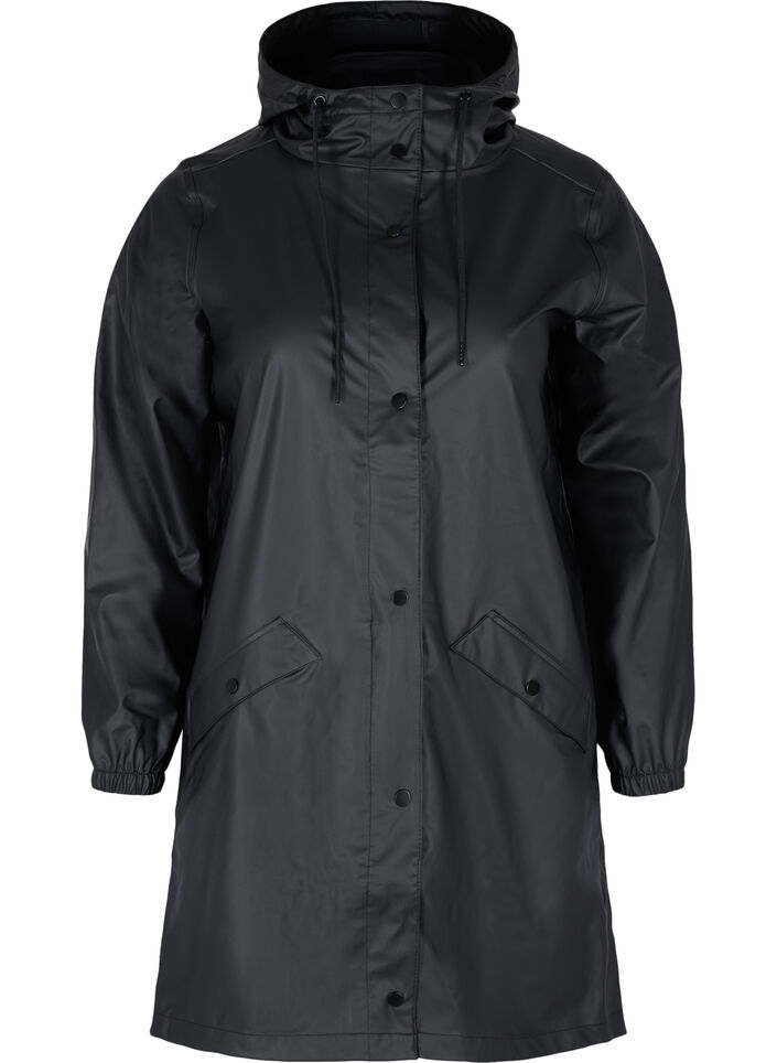 Regnjakke med hette og knappelukking, Black, Packshot image number 0