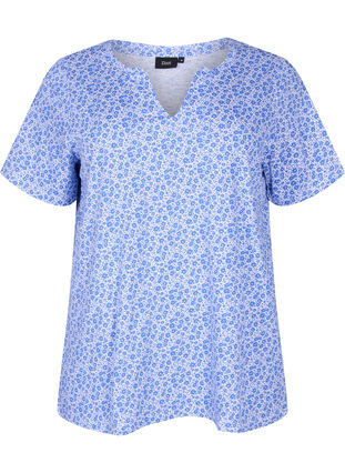 Blomstrete T-skjorte i bomull med V-hals, Ultramarine AOP, Packshot image number 0