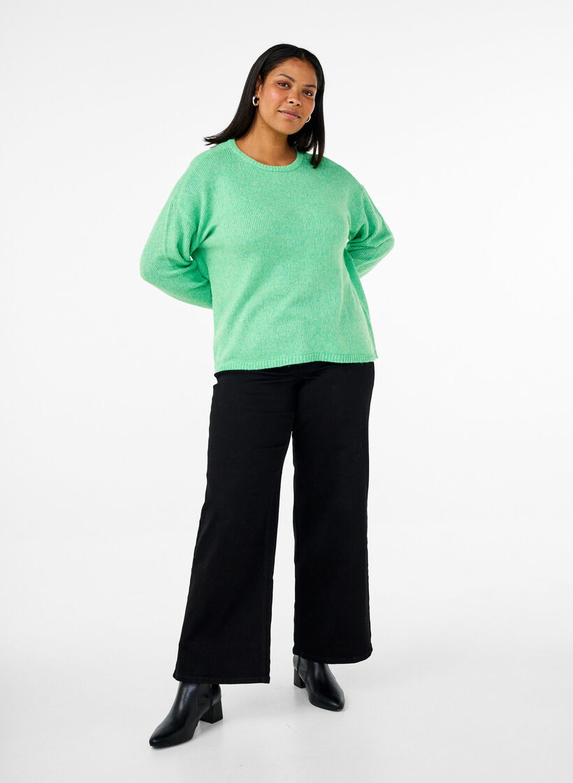 Langermet strikket genser med ull og rund hals, Light G. Green Mel., Model image number 2