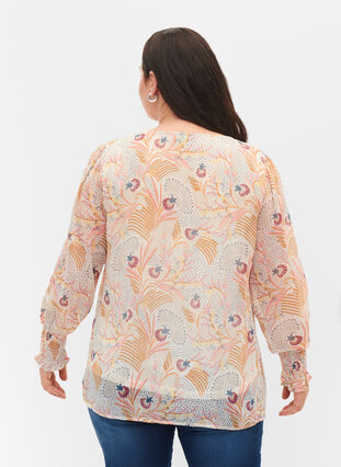 Blomstrete bluse med lange ermer og V-hals, Yellow/Pink AOP, Model image number 1