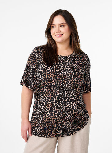 Zizzi T-skjorte med TENCEL™ Lyocell og leopardmønster, Brun, Model image number 0