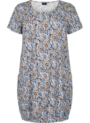 Kortermet bomullskjole med mønster, Blue Paisley , Packshot image number 0