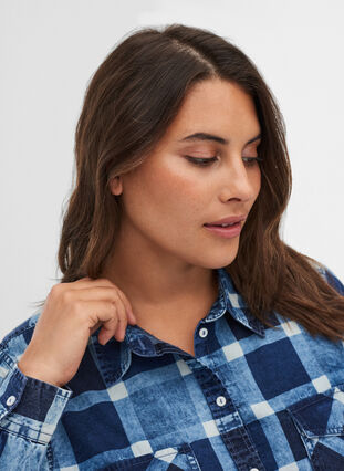 Rutete skjorte med brystlommer i bomull, Blue/Black Check, Model image number 2