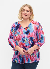 Bluse med plissé og 3/4-ermer, Lavender Space AOP, Model