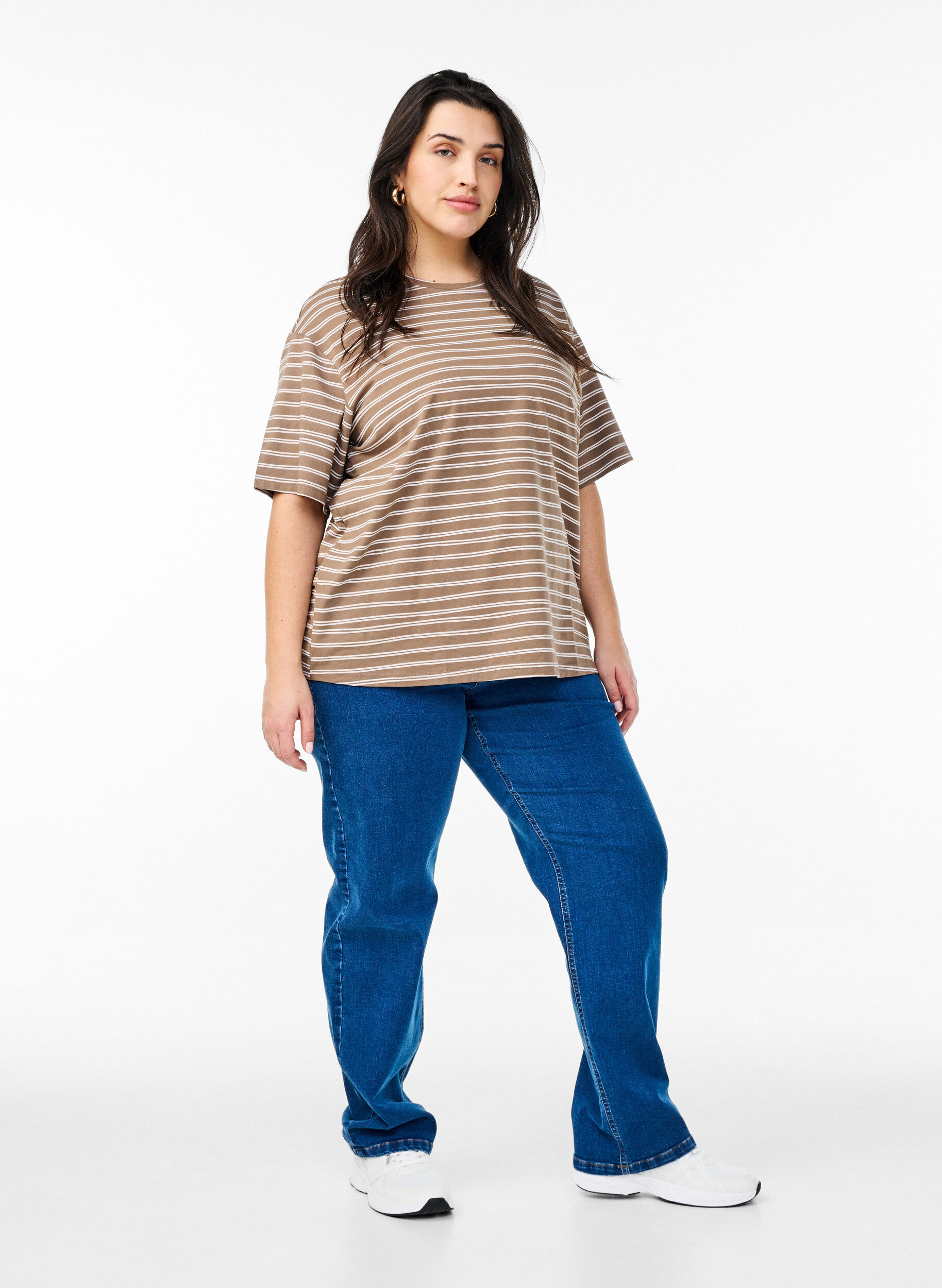 Zizzi Stripete T-skjorte, Brun, Model image number 1