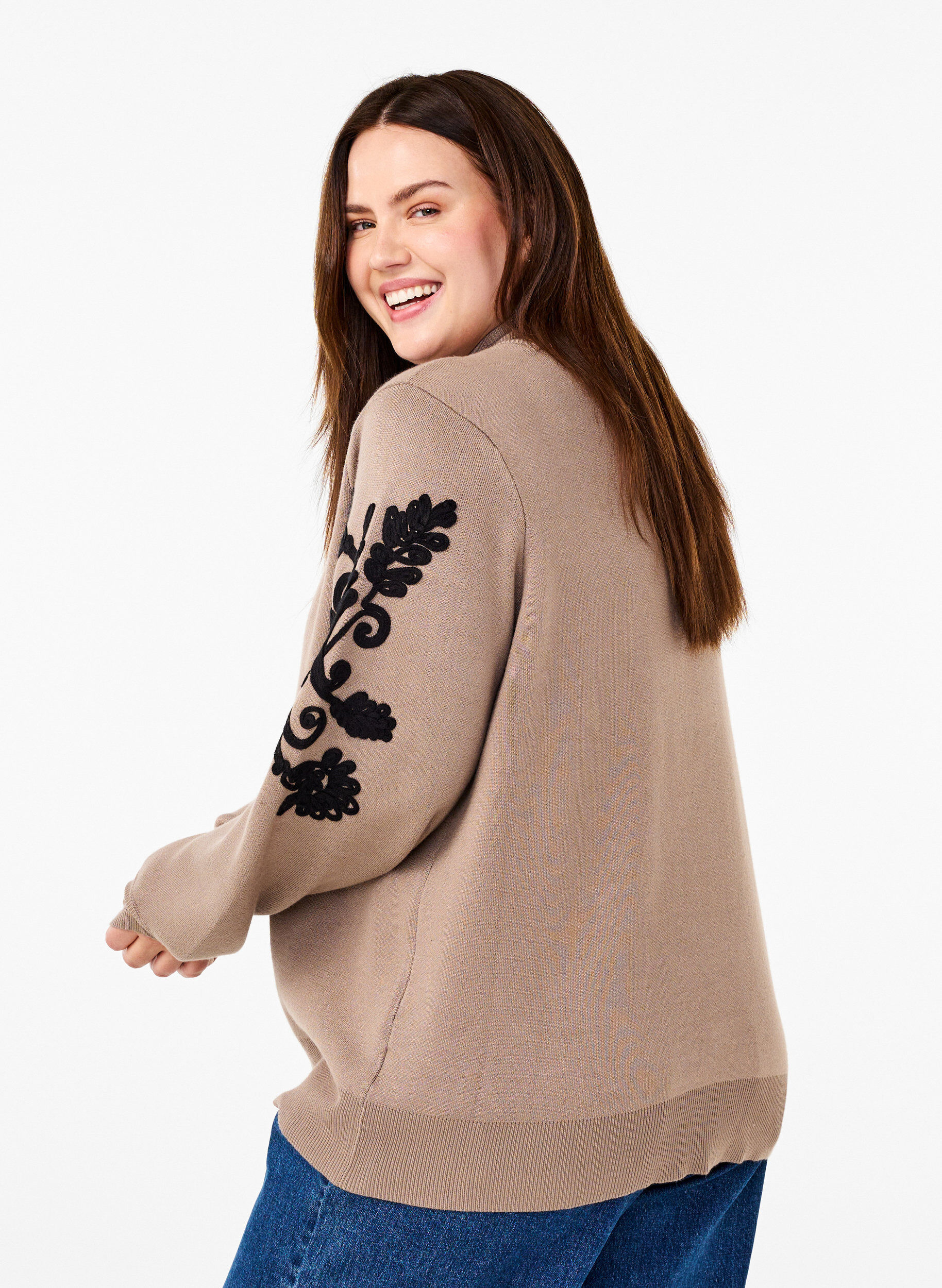Zizzi Strikket bluse med broderier, Desert Taupe Comb, Model image number 1
