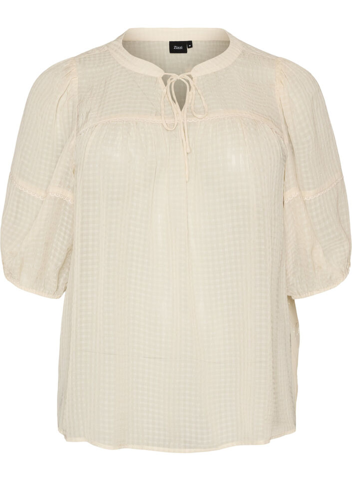 Bluse i seersucker med knytesnor, Beige, Packshot image number 0