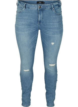 Ekstra slim Sanna jeans med slitte detaljer, Light blue denim, Packshot image number 0