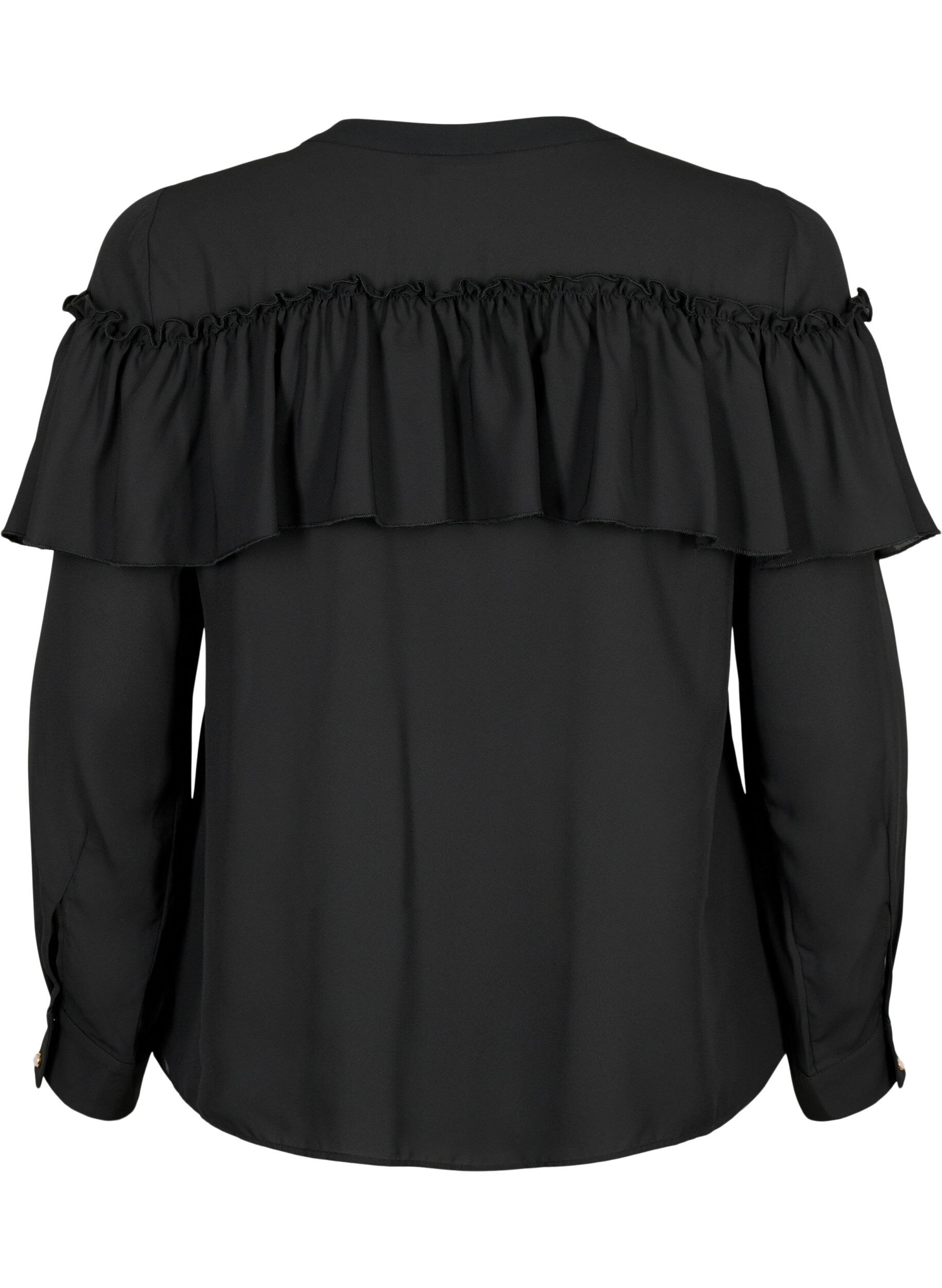 Zizzi Ruffle-skjortebluse med perleknapper, Black, Packshot image number 1