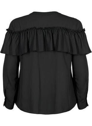 Ruffle-skjortebluse med perleknapper, Black, Packshot image number 1