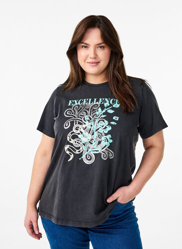 Zizzi T-skjorte i økologisk bomull med et kult trykk, Grå, Model image number 0