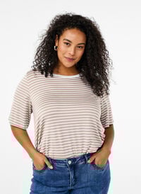 T-skjorte med TENCEL™ Lyocell og striper, Beige T-skjorte med TENCEL™ Lyocell og striper, Beige, Model