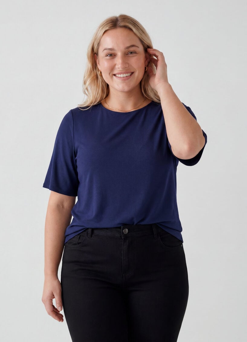 Vevet bluse med korte ermer og rund hals, Bl&aring;, Model image number 0