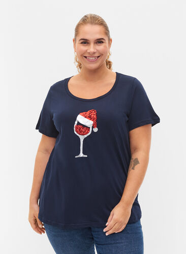 T-skjorte med julemotiv i bomull, Navy Blazer Wine, Model image number 0