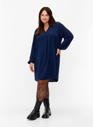 Kjole med lange ermer og V-hals, Navy, Model image number 2