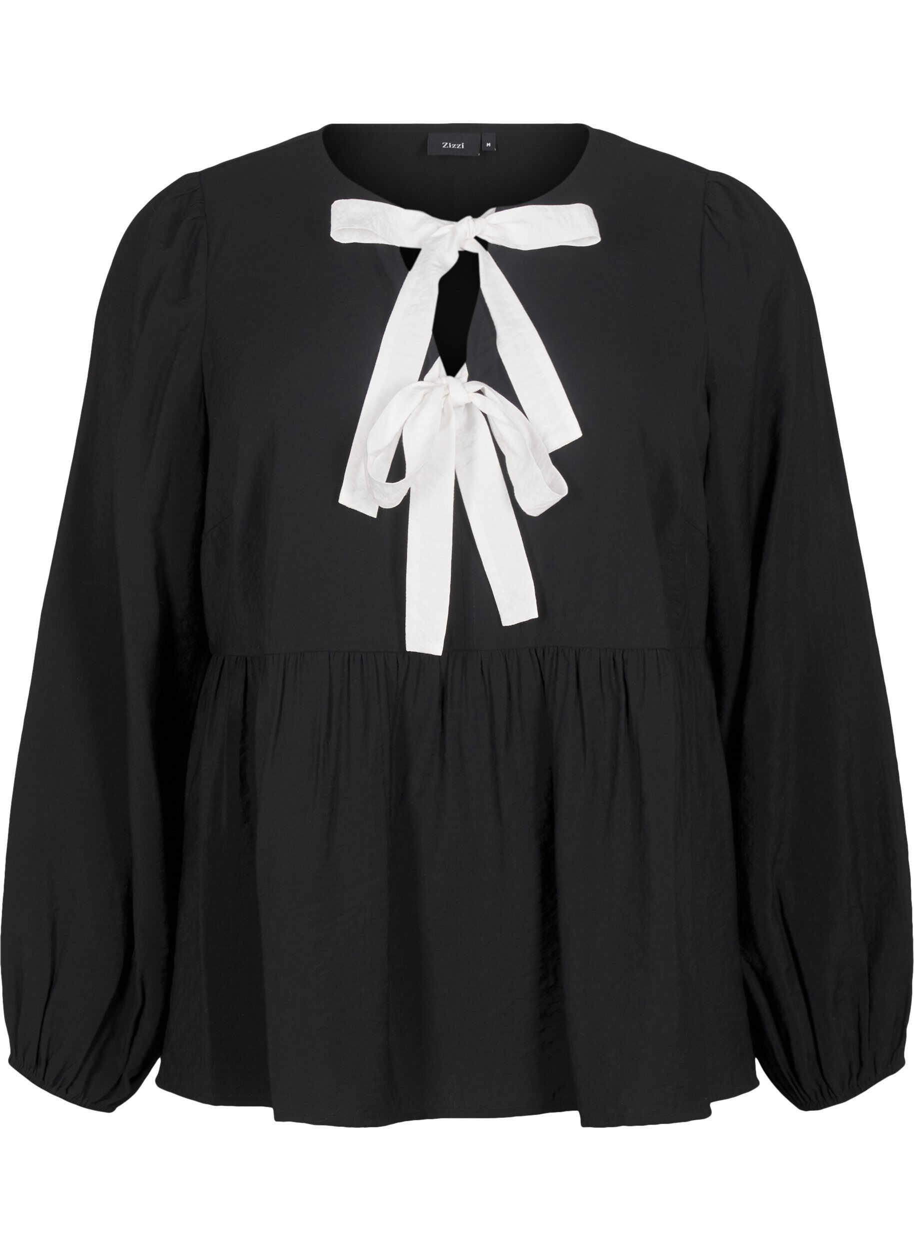 Zizzi Viskosebluse med sl&oslash;yfer og lange ermer, Black White Bow, Packshot image number 0