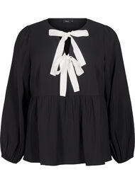 Viskosebluse med sløyfer og lange ermer, Black White Bow