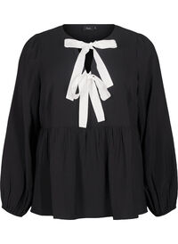 Viskosebluse med sløyfer og lange ermer, Black White Bow Viskosebluse med sløyfer og lange ermer