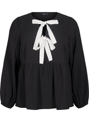 Zizzi Viskosebluse med sløyfer og lange ermer, Black White Bow, Packshot image number 0