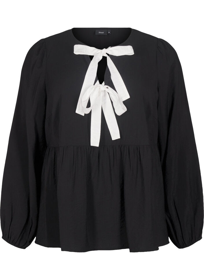 Viskosebluse med sløyfer og lange ermer, Black White Bow, Packshot image number 0