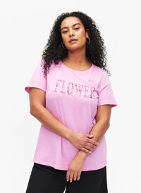 T-skjorte i bomull med teksttrykk, Rosebloom w. Flower, Model