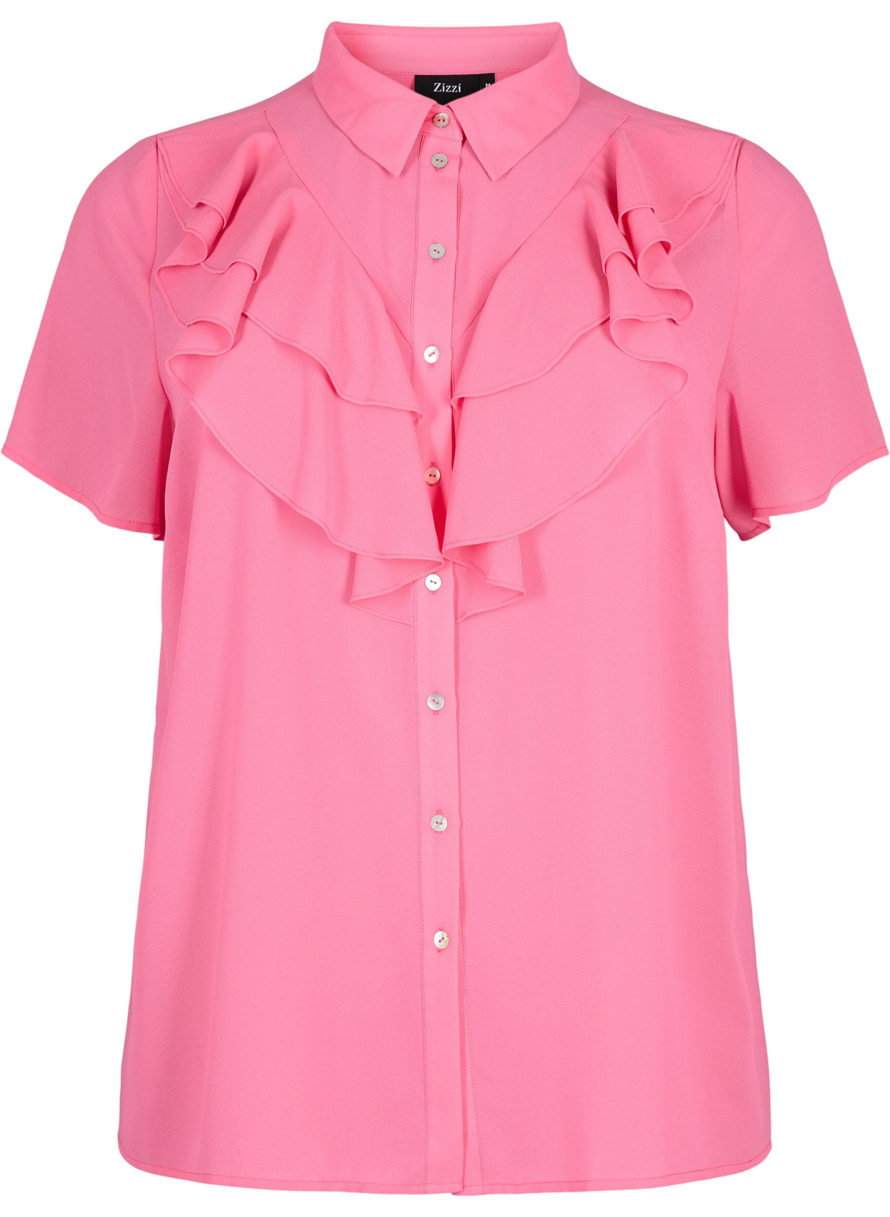 Zizzi Kortermet skjortebluse med volanger, Pink Power, Packshot image number 0