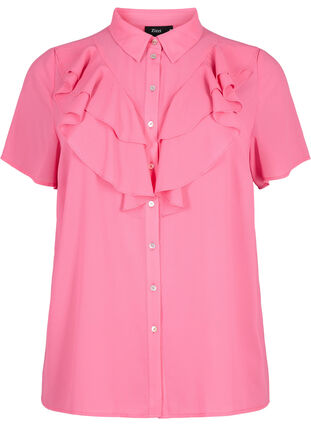 Kortermet skjortebluse med volanger, Pink Power, Packshot image number 0