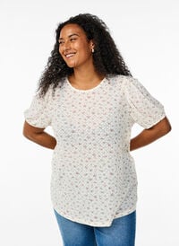 Kortermet jerseybluse med blomstertrykk, Hvit Kortermet jerseybluse med blomstertrykk, Hvit, Model