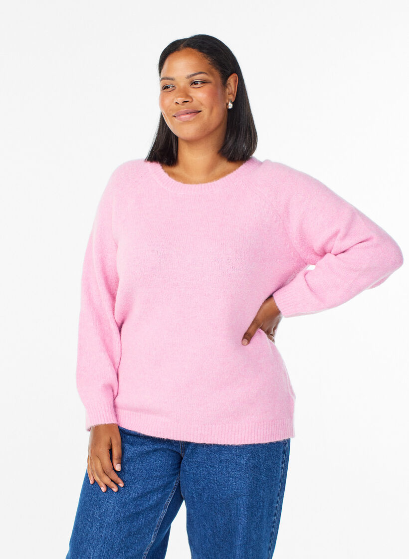 Strikkebluse med raglanermer, Rosa, Model image number 0