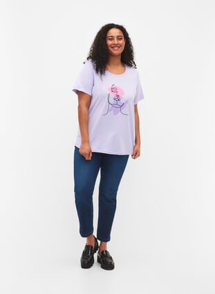 T-skjorte i bomull med rund hals og trykk, Lavender FACE, Model image number 2