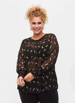 Transparent skjorte med lurexmønster, Black, Model image number 0