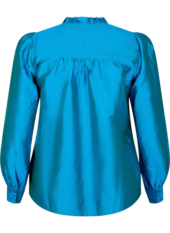Skinnende skjortebluse med volanger, Diva Blue, Packshot image number 1