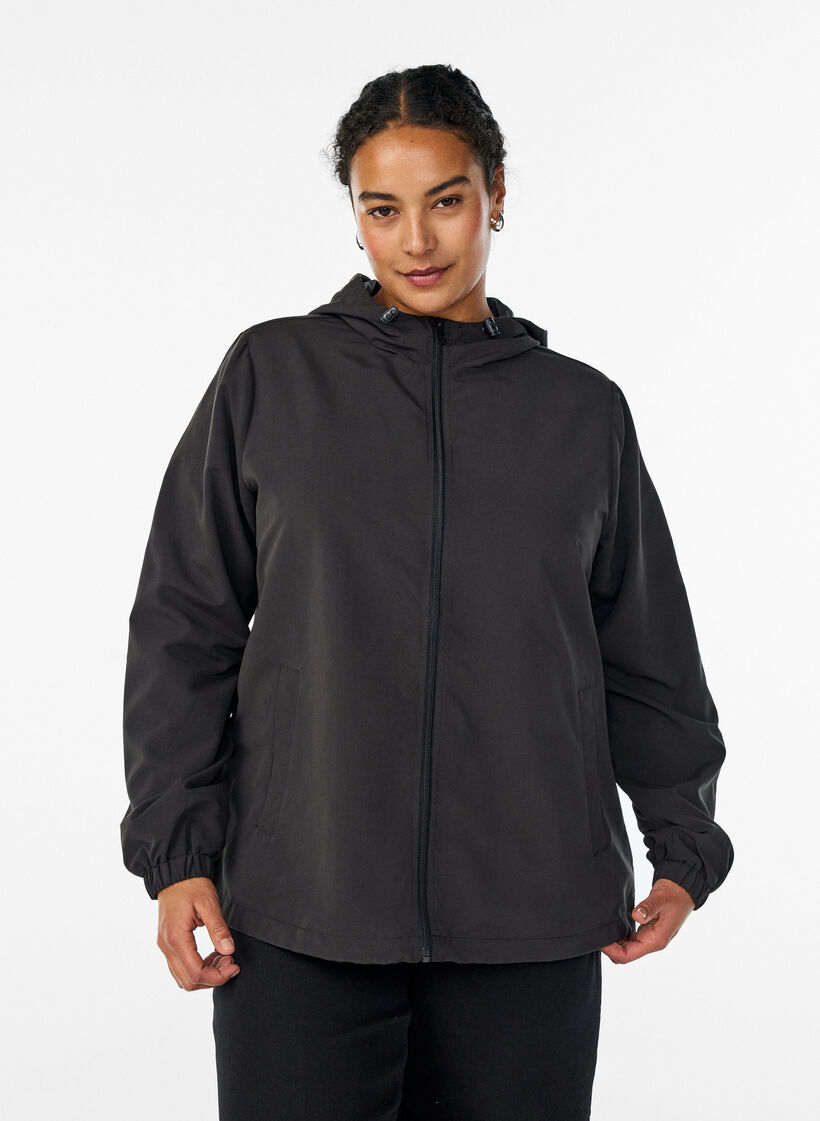 Lett jakke med hette og glidel&aring;s, Svart, Model image number 0