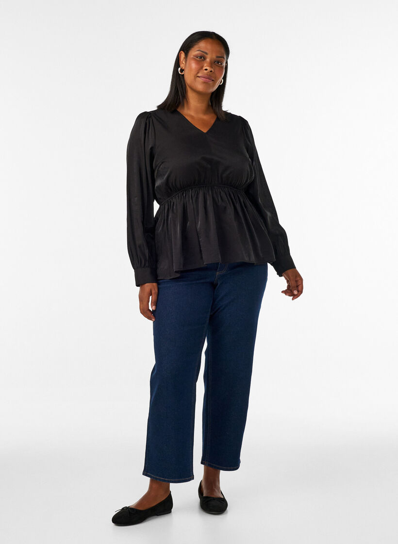 Skinnende viskosebluse med peplumeffekt, Svart, Model image number 1