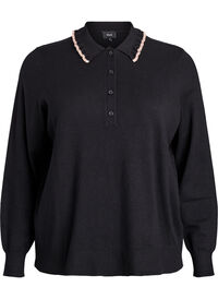 Strikkebluse med kruset polokrage, Svart Strikkebluse med kruset polokrage
