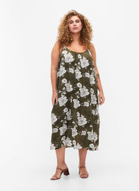 Ermeløs midikjole i viskose, Green Flower AOP, Model