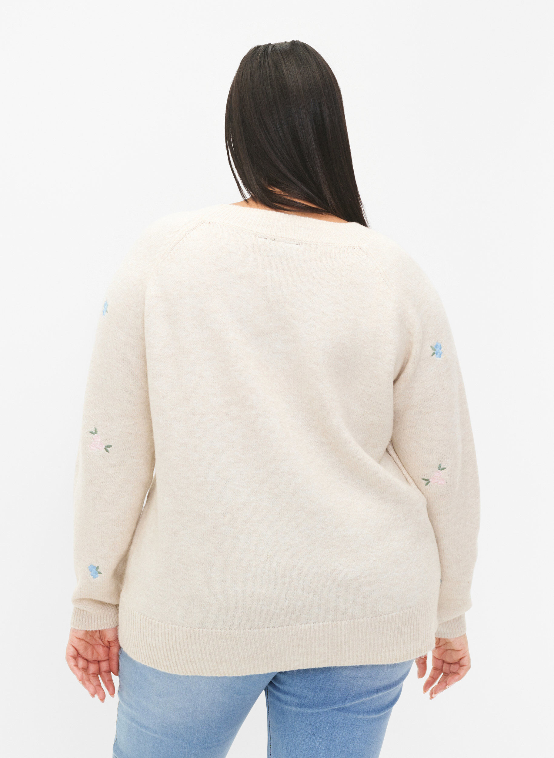 ZizziStrikket genser med broderte blomster, Birch Comb, Model image number 1