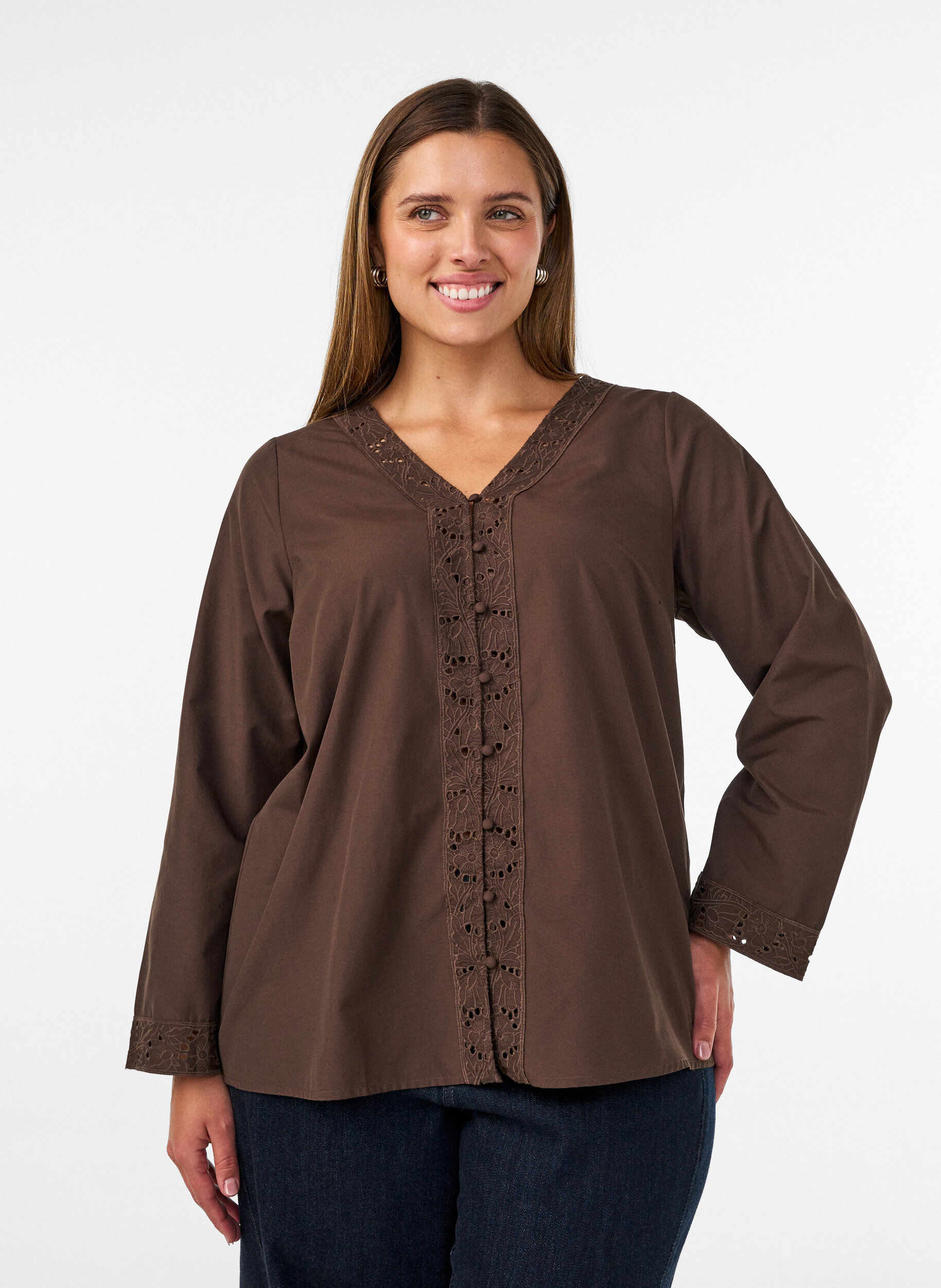ZizziSkjortebluse med broderie anglaise, Brun, Model image number 0