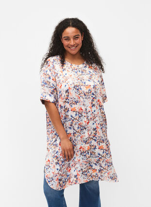 Zizzi Skjortekjole med mønster og knappelukning, B.White graphic AOP, Model image number 0
