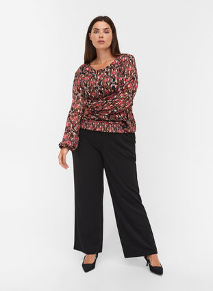 Mønstrete bluse med lange ermer og smock, Black Oriental, Model image number 2