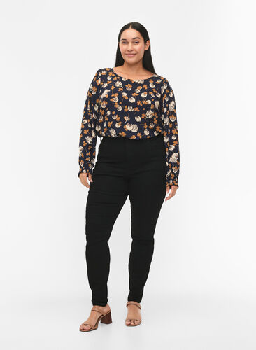 FLASH - Bluse med lange ermer og trykk	, Navy Brown Flower, Model image number 2