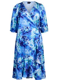 Blomstret omslagskjole med 3/4 ermer, Blue Splash Flower