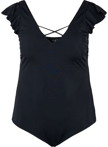 Badedrakt med volangeermer, Black, Packshot image number 0