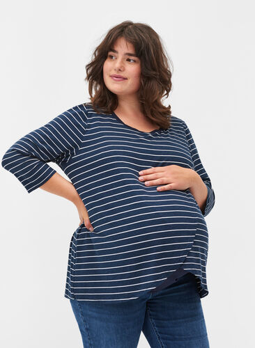 Stripete bluse til gravide med 3/4-ermer, Blue Stripe , Model image number 0