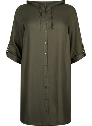 Skjortekjole i viskose med hette og 3/4-ermer, Thyme, Packshot image number 0