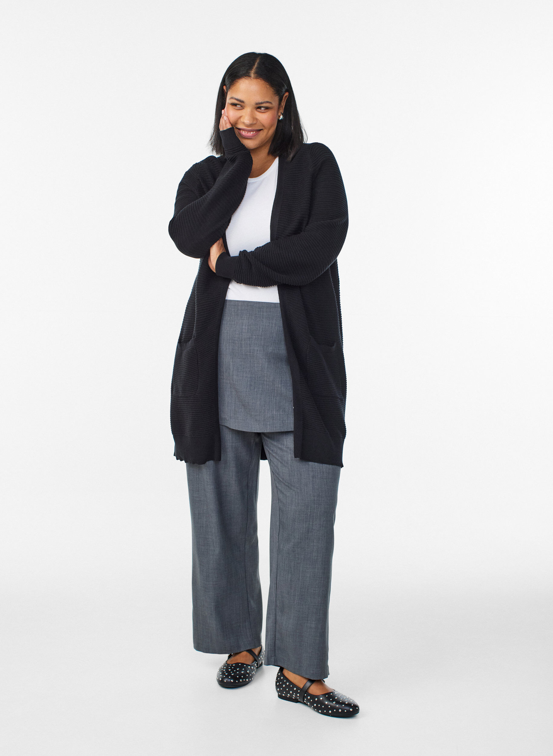 Zizzi Lang ribbestrikket bomullskardigan, Svart, Model image number 1