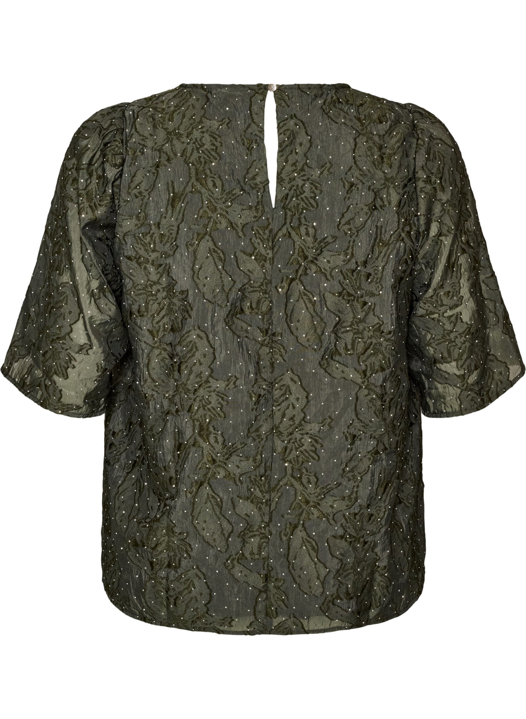 ZizziJacquard bluse med glitrende detaljer og puffede ermer, Gr&oslash;nn, Packshot image number 1